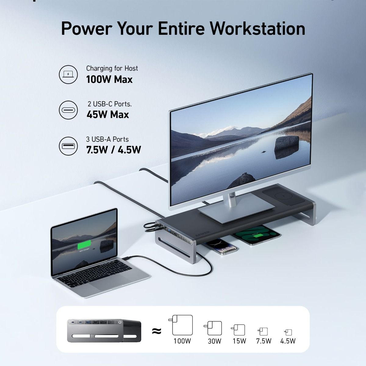 Anker 675 Monitor Stand with Built-in USB-C Dock & Wireless Charging Pad